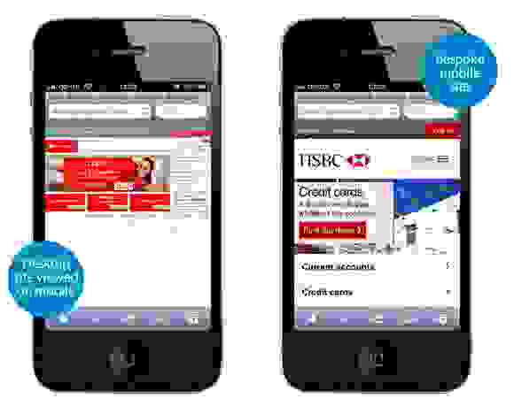 A picture of a desktop site viewed on mobile and a picture of a bespoke mobile site viewed on mobile